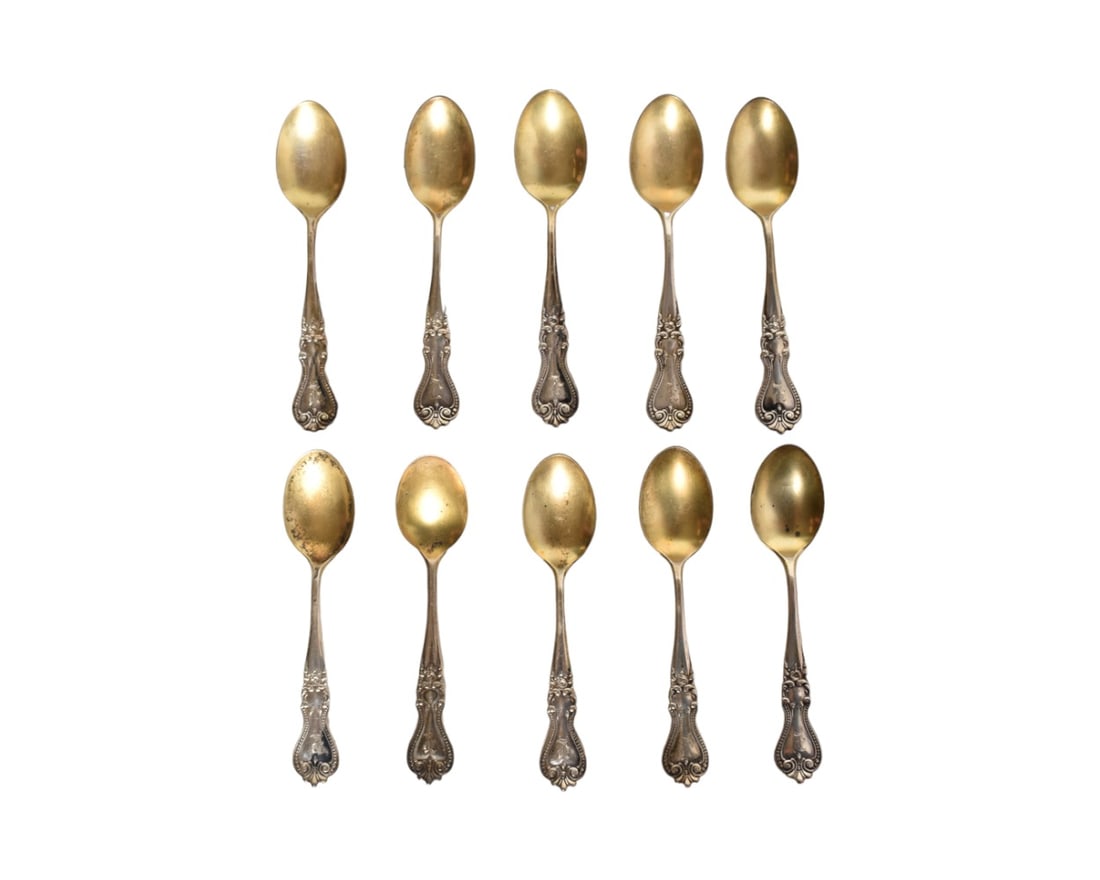 Sterling Silver Demitasse Spoons: Sterling silver demitasse spoons set of 10 with scrolled borders to handles. Manufacturer's mark illegible. Sterling 925/1000. 4-1/16" Length. Weight-3.20 ozt.