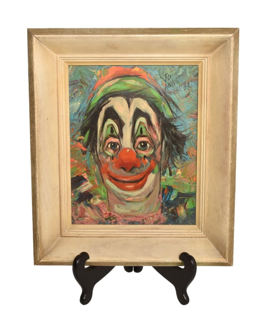 Louis Spiegel (1901-1975) Oil (Cincinnati): Oil on masonite, untitled, colorful, vivid clown in original cerused frame. Signed upper left. Sight 10" H x 8" W. Frame 13-3/4" H x 11-3/4" W.