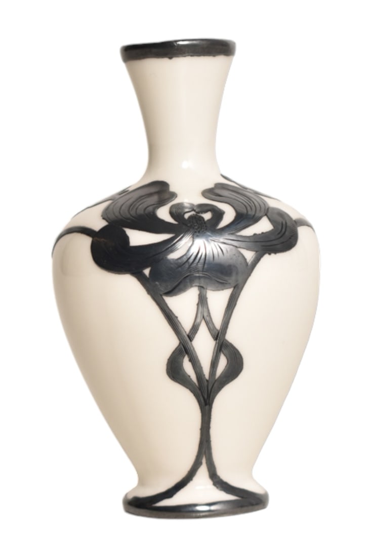 Rare and Early Lenox and Sterling Overlay Cabinet Vase: Miniature porcelain cabinet vase with Art Nouveau sterling overlay. Manufacturer's mark to underside. Circa 1910-1920. 2" Diameter x 3-5/8" H.