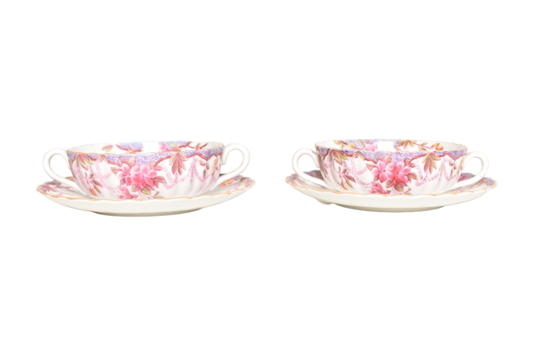 Spode "Irene" Double Handled Soup Bowls and Saucers (1 of 13)
