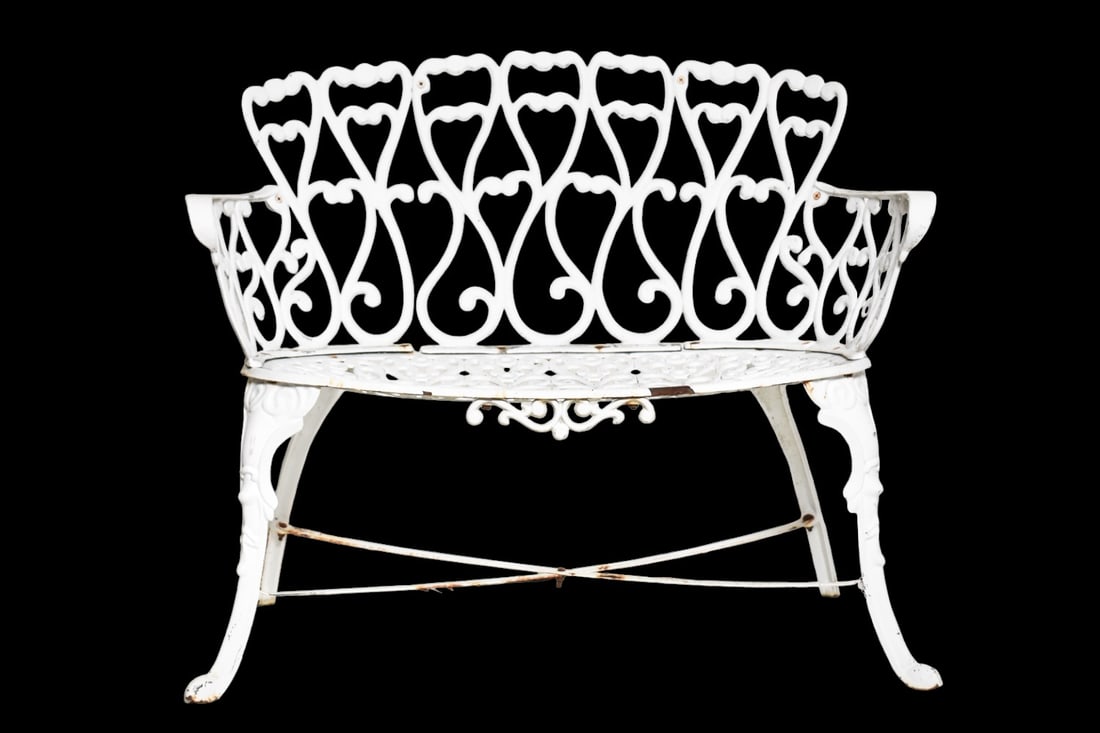 Cast Aluminum Garden Bench: Scrolled pierced back and arms over a pierced scrolled seat. Bench has cabriole legs and "x" stretchers. 36-3/4" W x 20" D x 30-3/4" H and 14-1/2" SH