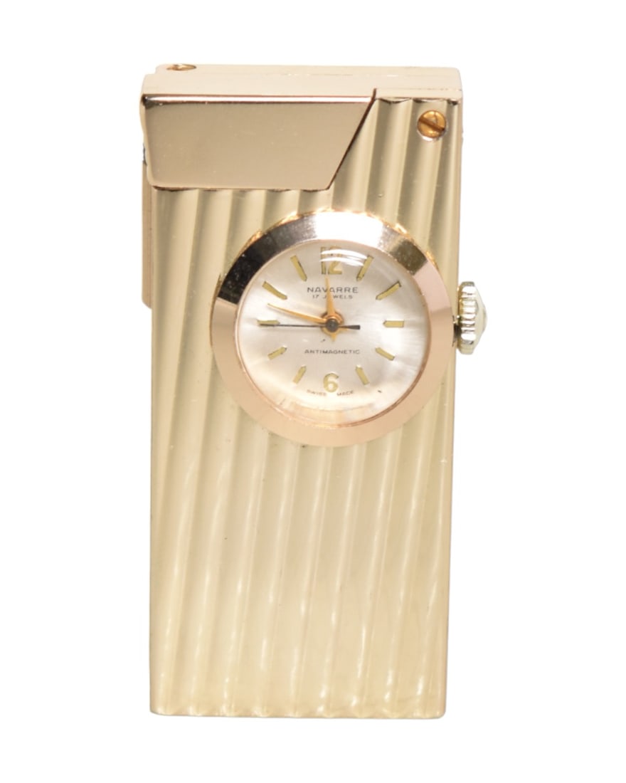 Navarre 17 Jewels Swiss Clock Lighter: Unusual Swiss automatic lighter with hinged lid and ribbed body with miniature clock face. Has original box and paperwork.