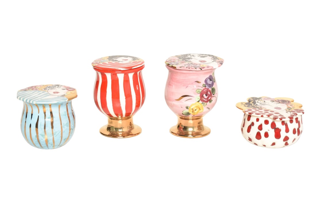 Assembled Porcelain Vases with Face Lids/Brooches: Assembled Porcelain Vases with Face Lids/Brooches. 4 vases and top with hand painted faces and pins. Largest - 2 1/2dia x 3 1/4h.