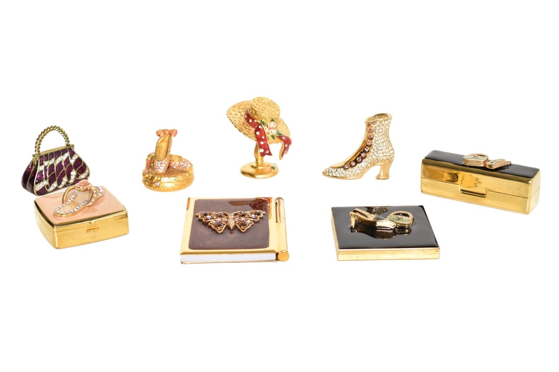 Assembled Fashion Rhinestone Accessories: Assembled Fashion Rhinestone Accessories. 8 total pieces; 3 shoe compacts, hat stand compact, 3 pill boxes - purse, shoe and cell phone and note pad with butterfly. Hat stand compact - 1 7/8w x 2 1/2d