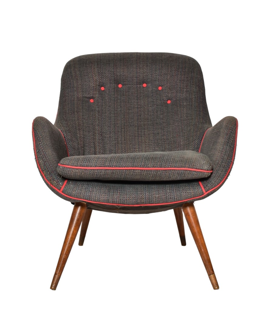 Lawrence Peabody Lounge Chair: Lawrence Peabody Lounge Chair. Selig. USA. 1960. Oak, brass and upholstery. 26 1/2w x 29 1/2d x 29 3/4h.