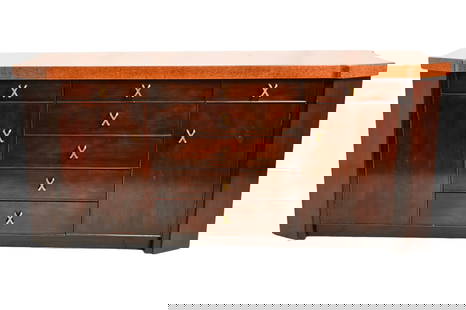 Paul Frankl Credenza: Paul Frankl Credenza. Johnson Bros. Furniture, USA. 1950. 7 drawers and 2 doors. "X" pulls. Cork, brass, and mahogany. 73w x 22 1/2d x 32h.