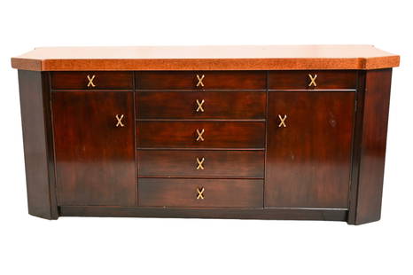 Paul Frankl Credenza: Paul Frankl Credenza. Johnson Bros. Furniture, USA. 1950. 7 drawers and 2 doors. "X" pulls. Cork, brass, and mahogany. 73w x 22 1/2d x 32h.