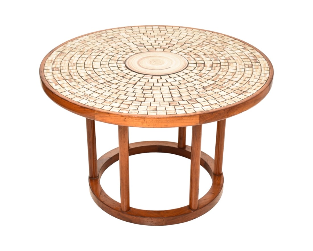 Jane & Gordon Martz Cocktail Table: Jane & Gordon Martz Cocktail Table. Marshal Studios, USA, 1960. Glazed stoneware tiles and walnut. 36 1/2 dia x 23 1/4h.
