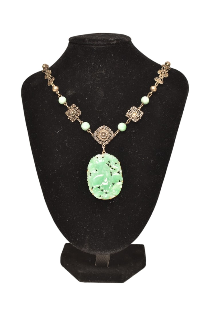 Sterling and Jade Beaded Necklace with Jade and Pendant (1 of 6)