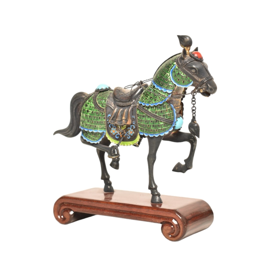 Chinese Sterling and Enamel Horse: Horse Sculpture, sterling silver with applied enamel and turquoise stone. Sculpture rests on scrolled teak base. 4.75w x 1.5d x 4.875h (horse 4h).