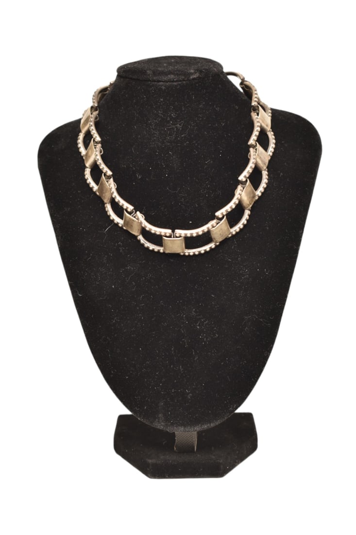 Los Castillo Taxco Sterling Link Choker: Choker. Sterling silver, 14 beaded border links. Signed with manufacture's mark, Los Castillo Taxco #627. 13.5" long. 2.6ozt