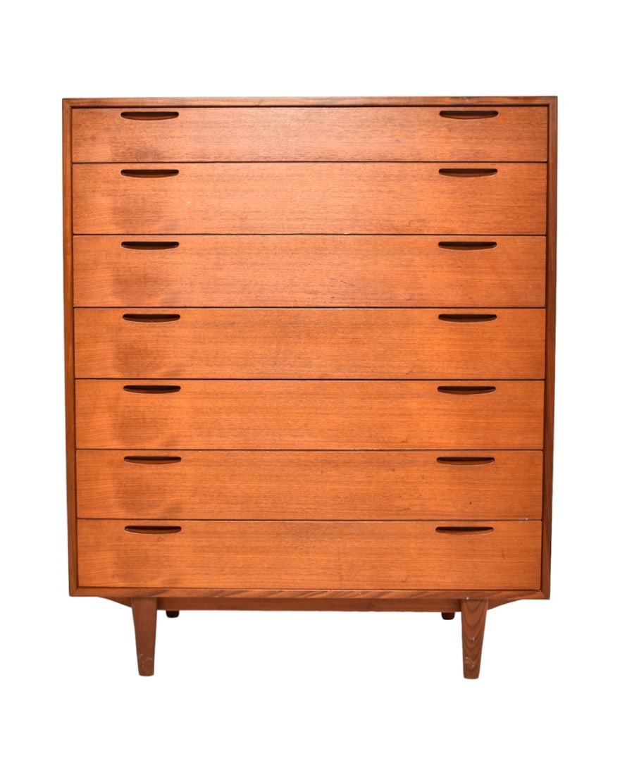 Ib-Kofod Larsen Chest/Dresser: Ib-Kofod-Larsen Chest/Dresser. Denmark. Danish control button to interior. Seven drawers. Teak. 39 1/2w x 17 3/4d x 47h.