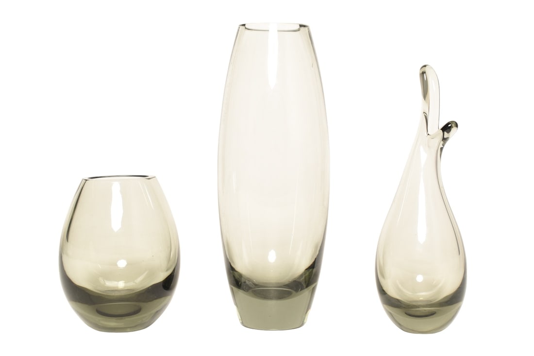 Per Lutken Vases, Set of Three: Per Lutken Vases, Set of Three. Holmegaard, Denmark. (2) 1960, 1958. Hand blown glass. Largest vase - 3 1/4dia x 9h, 2 1/2dia x 7 7/8h, shortest vase - 3 1/4dia 4 5/8h.