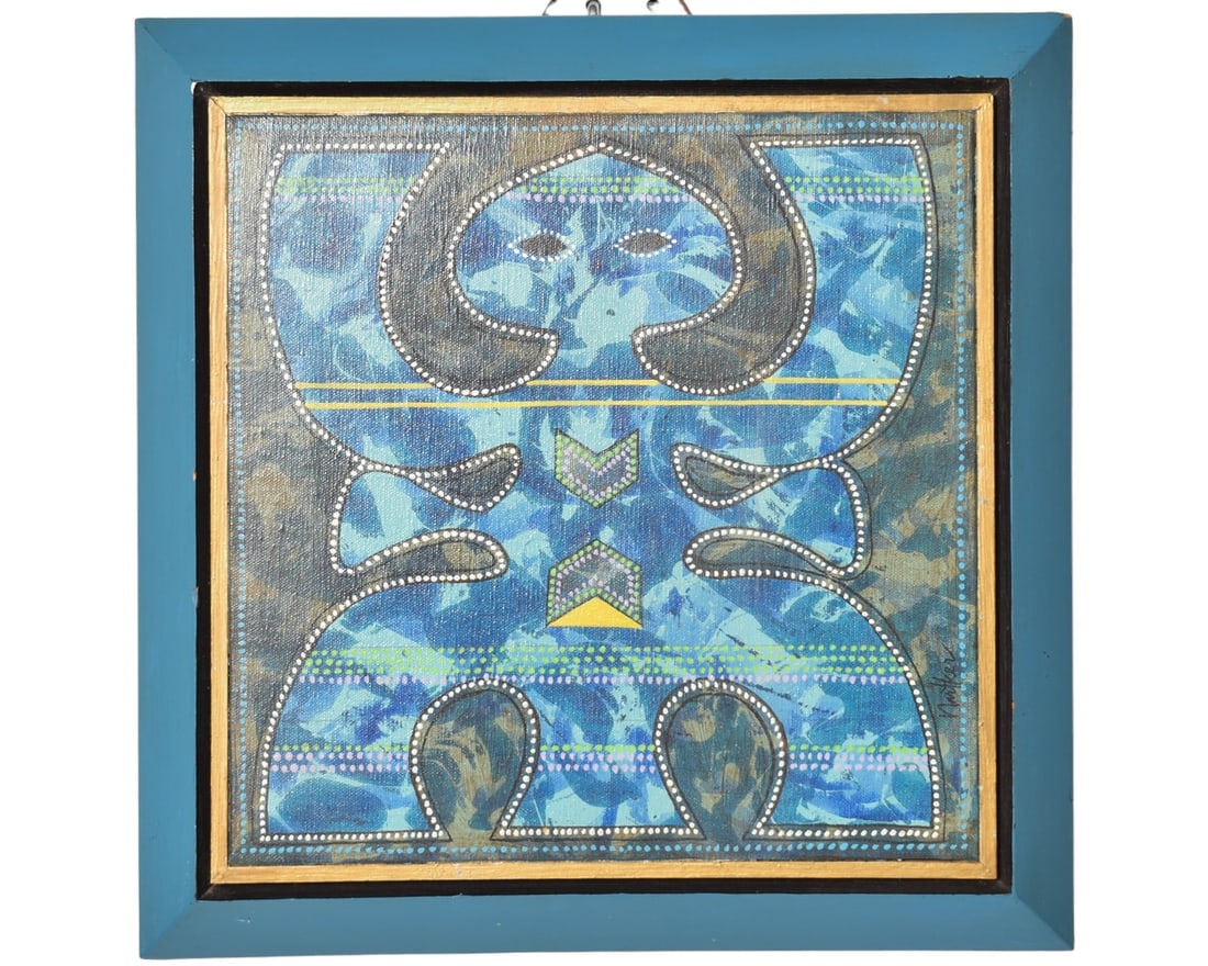 John Narkter (1930-1998) Oil (Cincinnati): Oil on canvas, "Blue Totem Figure." Housed in original artist constructed frame. Signed right margin. Signed and titled to verso. Sight - 12 x 12, Frame - 15 3/4 x 15 3/8.