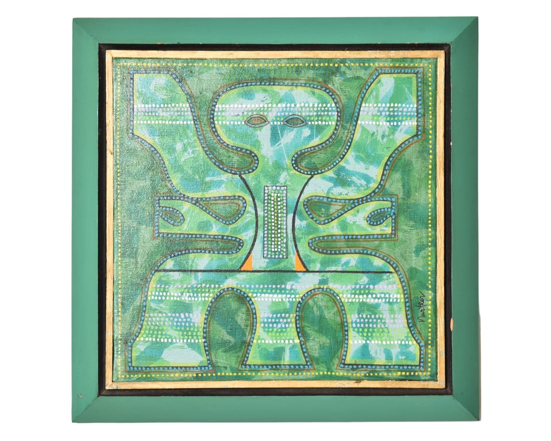 John Narkter (1930-1998) Oil (Cincinnati): Oil on canvas, "Green Totem Figure." Housed in original artist constructed frame. Signed right margin. Signed and titled to verso. Sight - 12 x 12, Frame - 15 3/4 x 15 3/8.