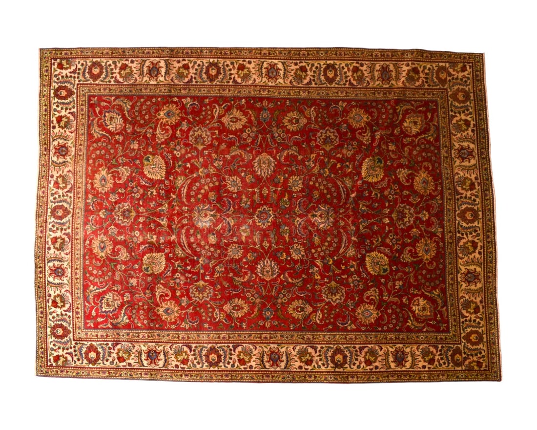 Persian Area Rug: All over garden design over a red field. 9' 10" x 12' 8".