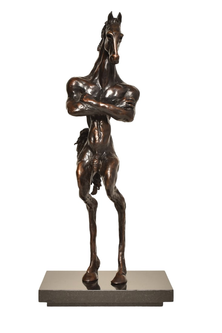 Kirk VR Bronze Stallion: Bronze sculpture of stallion on black marble base. Bronze - 4 1/4w x 5d x 16 3/8h. Overall - 8w x 5d x 17 5/8h.