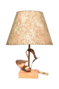 Yasha Heifetz Table Lamp: Yasha Heifetz Table Lamp. Hiefetz. USA. 1950. Signed. Copper, oak, parchment. Original shade. 17 1/2w x 12d x 25h.