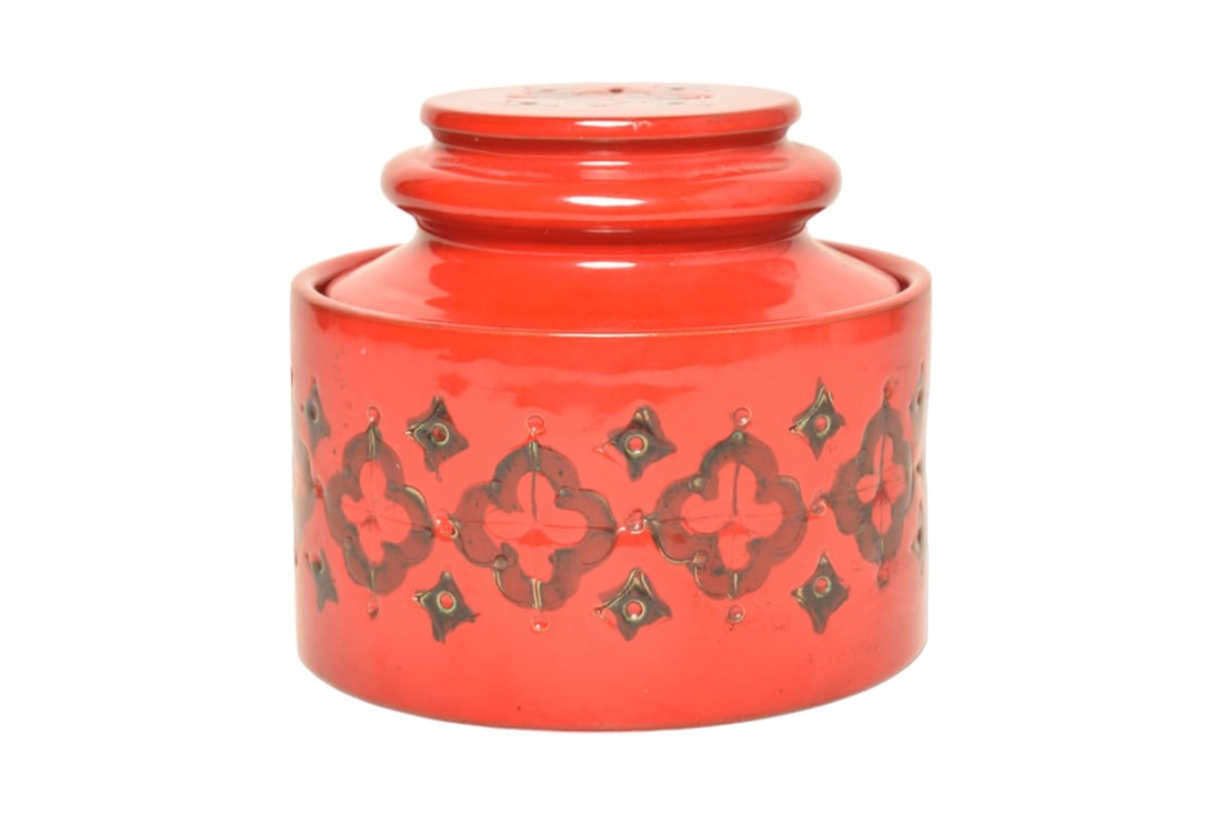 Aldo Londi Bitossi Jar with Lid: Aldo Londi Bitossi Jar with Lid. Raymor, Italy, 1965. Glazed earthware. "Red Carta Florentine" pattern. Marked Italy & #99/12R to underside. 6 dia x 5 1/2h.