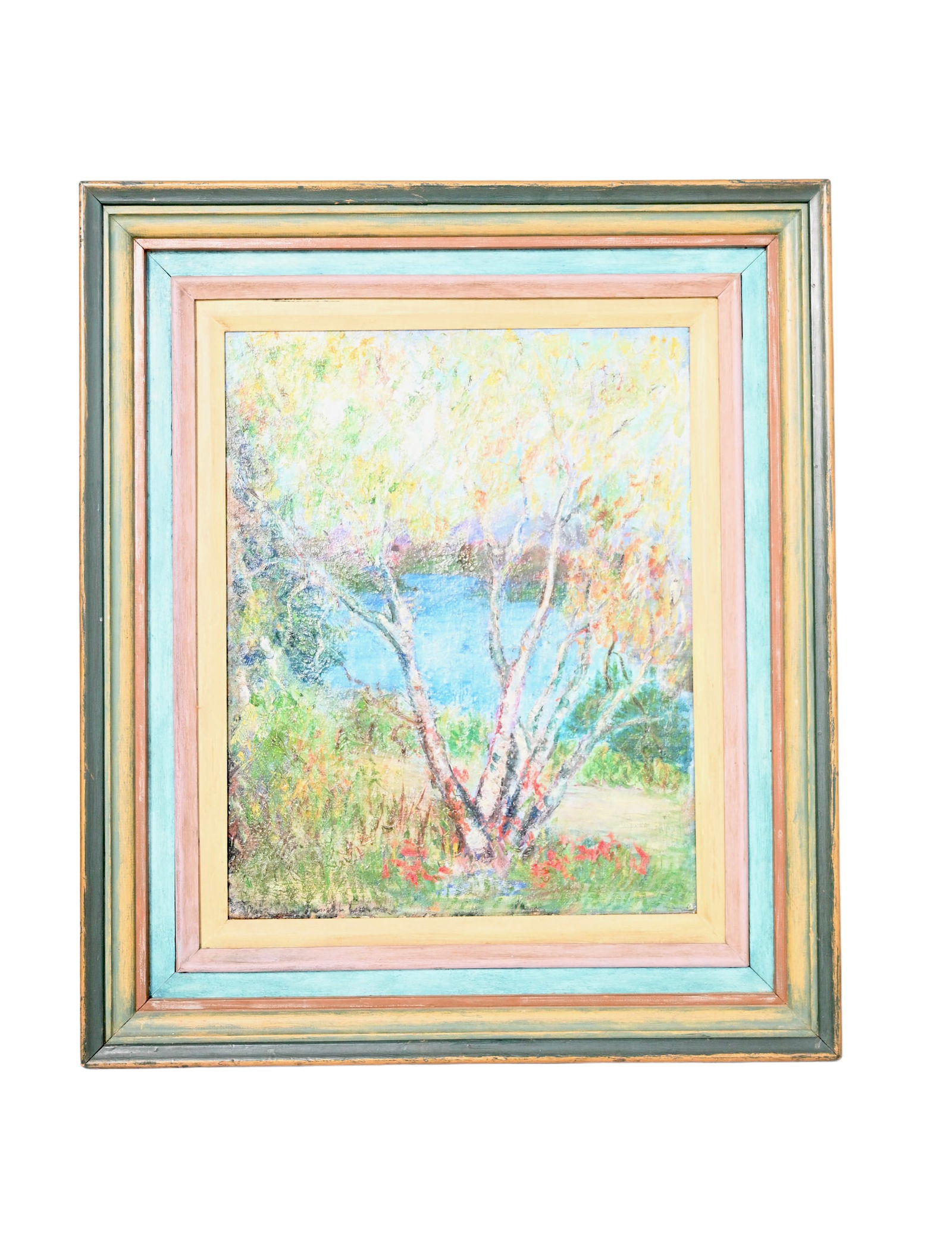 Arts & Crafts Illegible Oil of Tree and Lake (1 of 5)