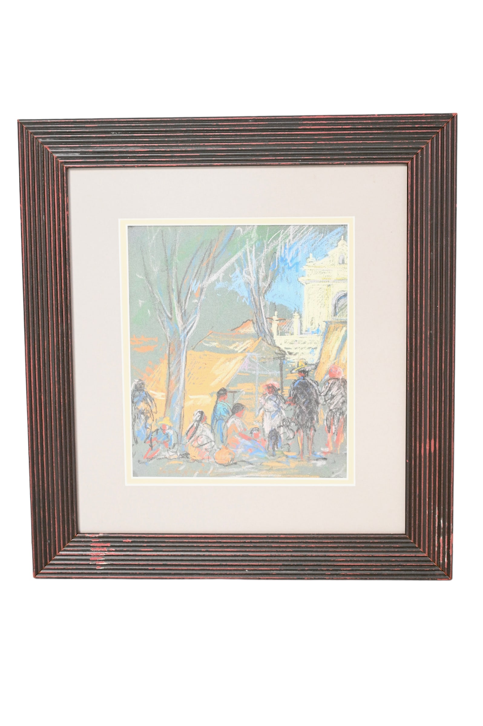 Pastel, Mexican Village: Pastel on paper, untitled, Mexican village with figures and structures. Sight - 8 1/2 x 10. Frame - 18 1/2 x 17.