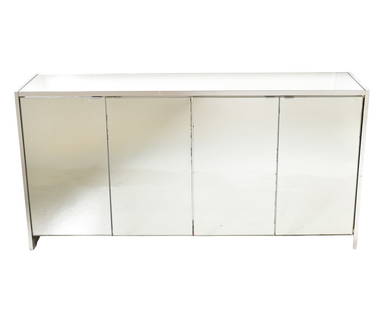 Ello Mirrored Credenza: Ello Mirrored Credenza. Ello Furniture Co. USA. 1970. Chrome plated metal, stainless steel and mirrored glass. 60 1/4w x 15d x 30h.