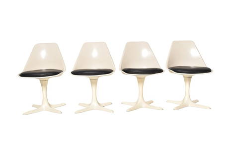 Maurice Burke Swivel Dining Chairs: Maurice Burke Swivel Dining Chairs. Set of 4, Burke International. USA. 1960. Molded fiberglass, powder coated metal star bases. 20 1/4 x 17 1/2d x 31h. SH-19.