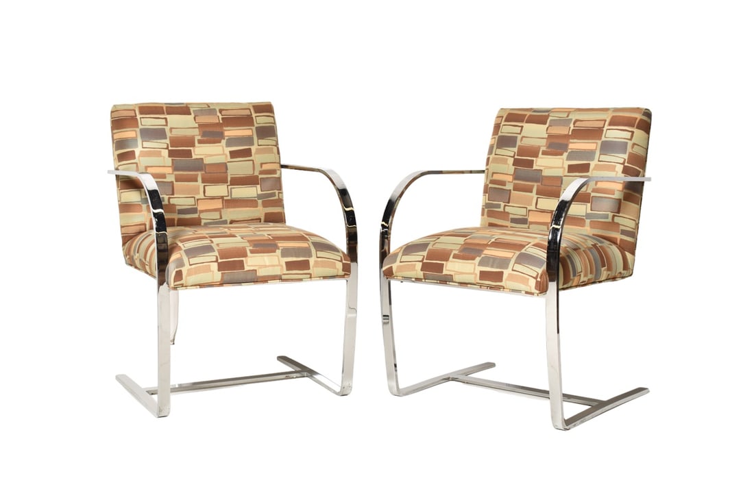 Brueton "Brno" Flat Arm Chairs: Brueton "Brno" Flat Arm Chairs, pair. USA. 1970. Stainless steel and upholstery. 22 1/2w x 22 1/2d x 32h, SH-18.