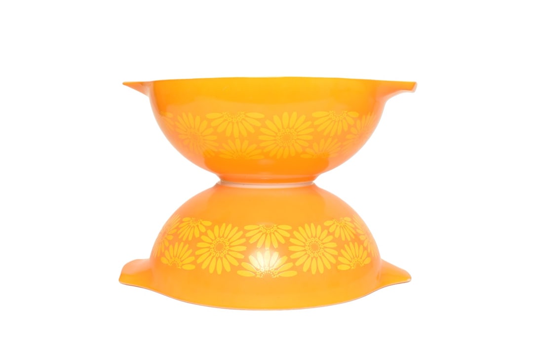 Large Pyrex Sunflower Daisy Cinderella Bowls #444: Large Pyrex Sunflower Daisy Cinderella Bowls #444. Manufacture's mark to underside. Glass. 13w x 10 3/8d x 4 3/8h.