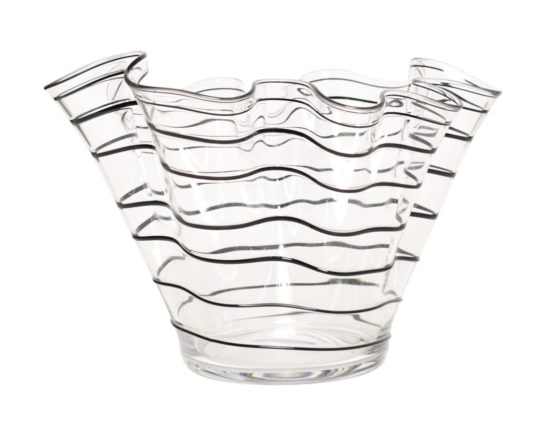 Contemporary Wave Vase with Black Swirl: Contemporary Wave Vase with Black Swirl. Early 2000s. 16 1/2w x 15 3/4d x 11h. Proceeds from this lot to benefit The Ray of Hope Foundation for Brain Cancer.