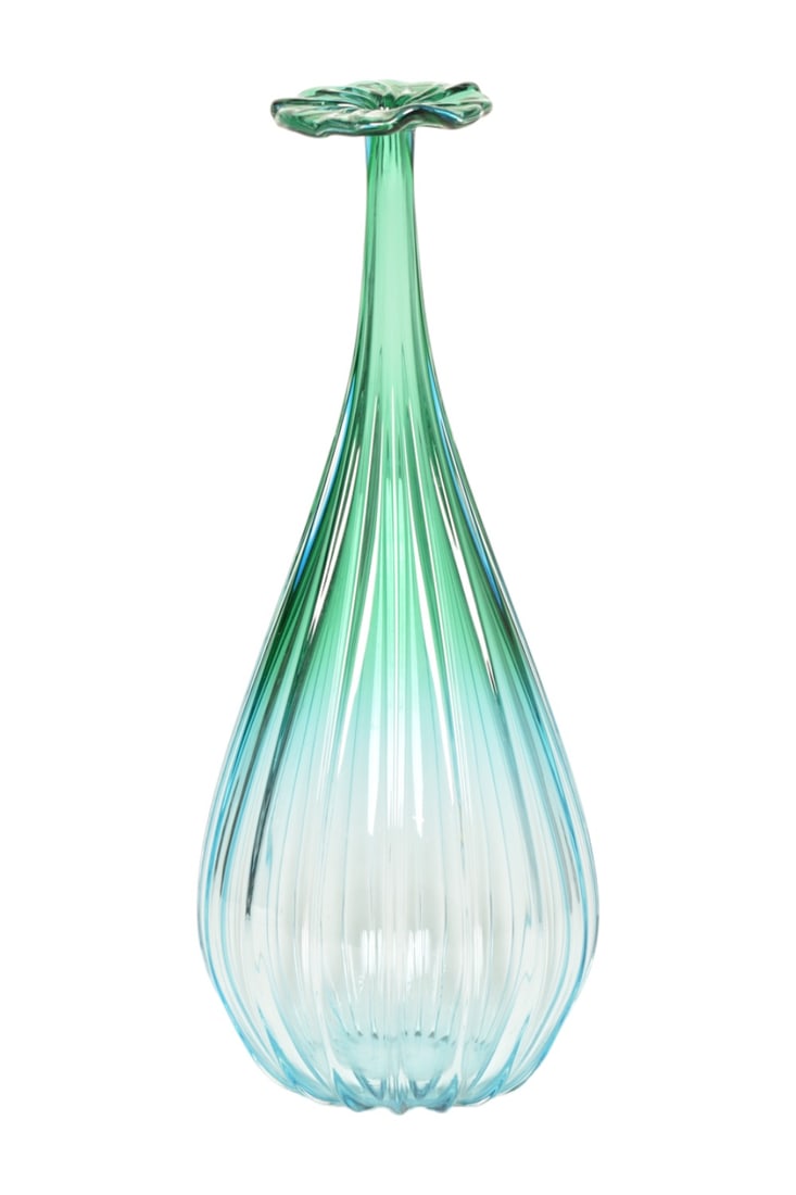 Murano Fiorellinin Art Glass Vase: Murano Fiorellinin Art Glass Vase. Formia. Italy. 2009. Hand blown Murano glass. 6 1/2 dia x 15 3/4h. Manufacture's mark to underside. Proceeds from this lot to benefit The Ray of Hope Foundation for 