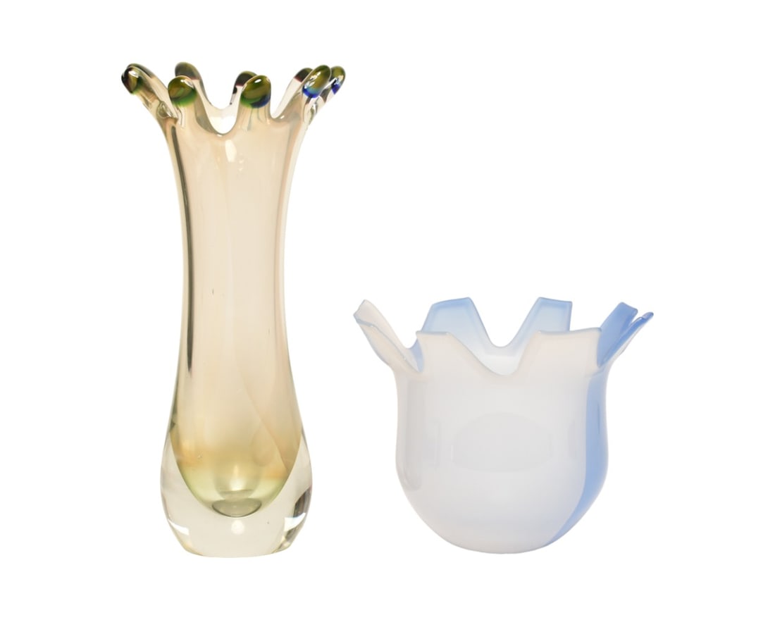 Mac Farlane & Art Glass Sculptural Vases: Mac Farlane & Art Glass Sculptural Vases. Mac Farlane Studios Art Glass vase. Mac Farlane - 8w x 8 1/4d x 6 1/4. Slender vase - 6 1/8w x 5 1/8 x 12 3/4.