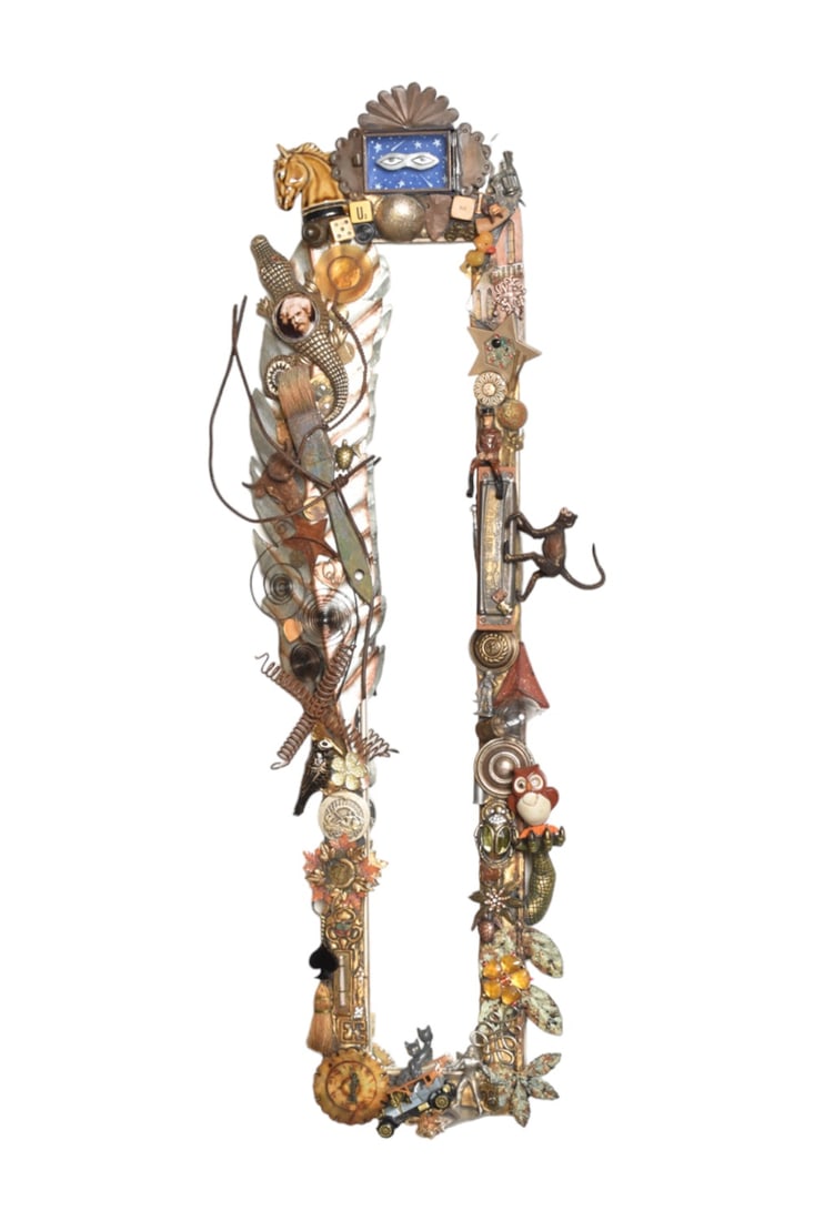 S.J. Bellamy Found Object Mirror: S.J. Bellamy Found Object Mirror. As crazy and creative as they get. Signed to verso. Fiberglass and found objects. 12w x 3d x 30 1/4h.