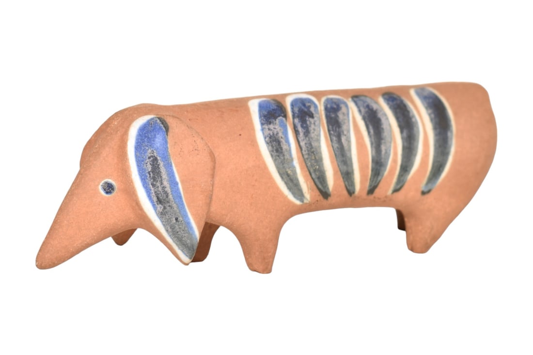 Early Lisa Larsen Dachshund Lilla Zoo Figurine: Early Lisa Larsen Dachshund Lilla Zoo Figurine. Gustavsberg, Sweden, 1955. Glazed stoneware. 6w x 1 1/2d x 2h.