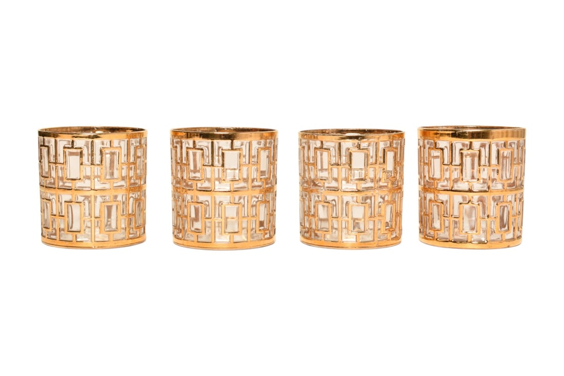 Imperial Shoji Gold Rock Glasses: Imperial Shoji Gold Rock Glasses. Set of 4. USA. 1965. Rectangle pattern detailed with 22k gold.