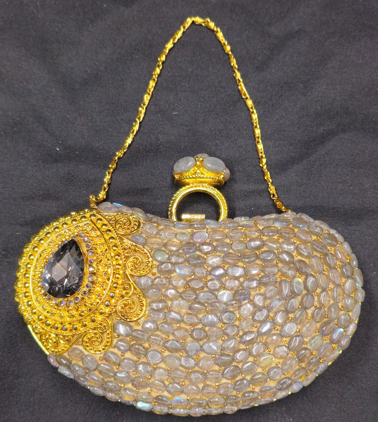 Mary Frances Labradorite Gold Gilded Evening Purse: Mary Frances labradorite gold gilded evening purse with fixed clasp close. Drop chain 5 3/4" 7"w x 2"d x 5 1/2"h