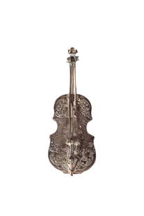 Continental Silver Box in Form of a Violin: Violin Boxed. Marked 800 and maker's mark. Hinged back and hand chased with figures and floral motif. 2w x 5 5/8d x 1h. 2.53ozt.