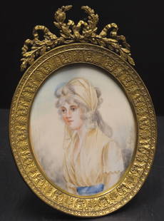 Frans Snyders (Attr) Miniature Portrait (Netherlands): Miniature portrait of lady, watercolor. Signed right margin. Housed in beautiful oval frame with embossed shells and foliage pediment. Sight 3-1/2" H x 3" W. Frame 5-5/8" H x 4" W.