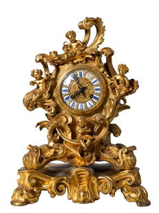 French Gilt Bronze Figural Mantel Clock: French Gilt Bronze Figural Mantel Clock. Late 19th century. The fours seasons are resting on acanthus leaf surrounding a blue and white porcelain Roman numeral dial. Amazing detail. Movement #23. 11 1