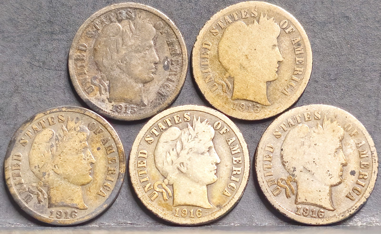 (5) U.S. 1916 Barber Silver Dime Coins (1 of 2)