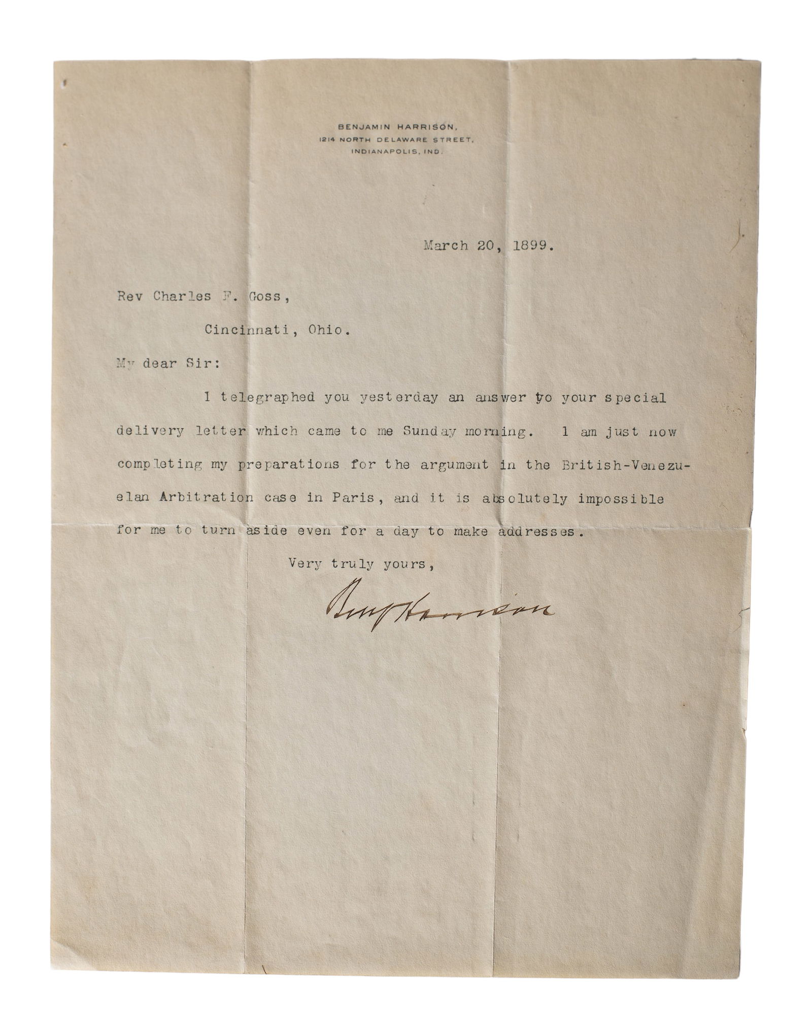 Benjamin Harrison Signed Letter (1 of 3)