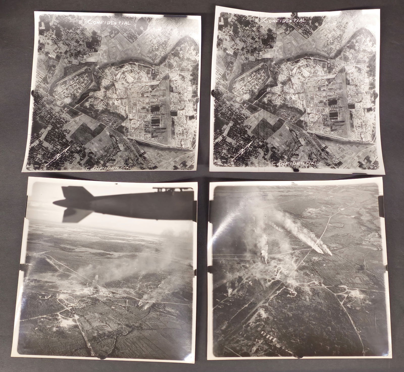Confidential World War II Photographs: (4) Photographs total from World War II from a spy plane and aftermath of bombing. (2) Marked Confidential. 9 1/4" x 9 1/2"