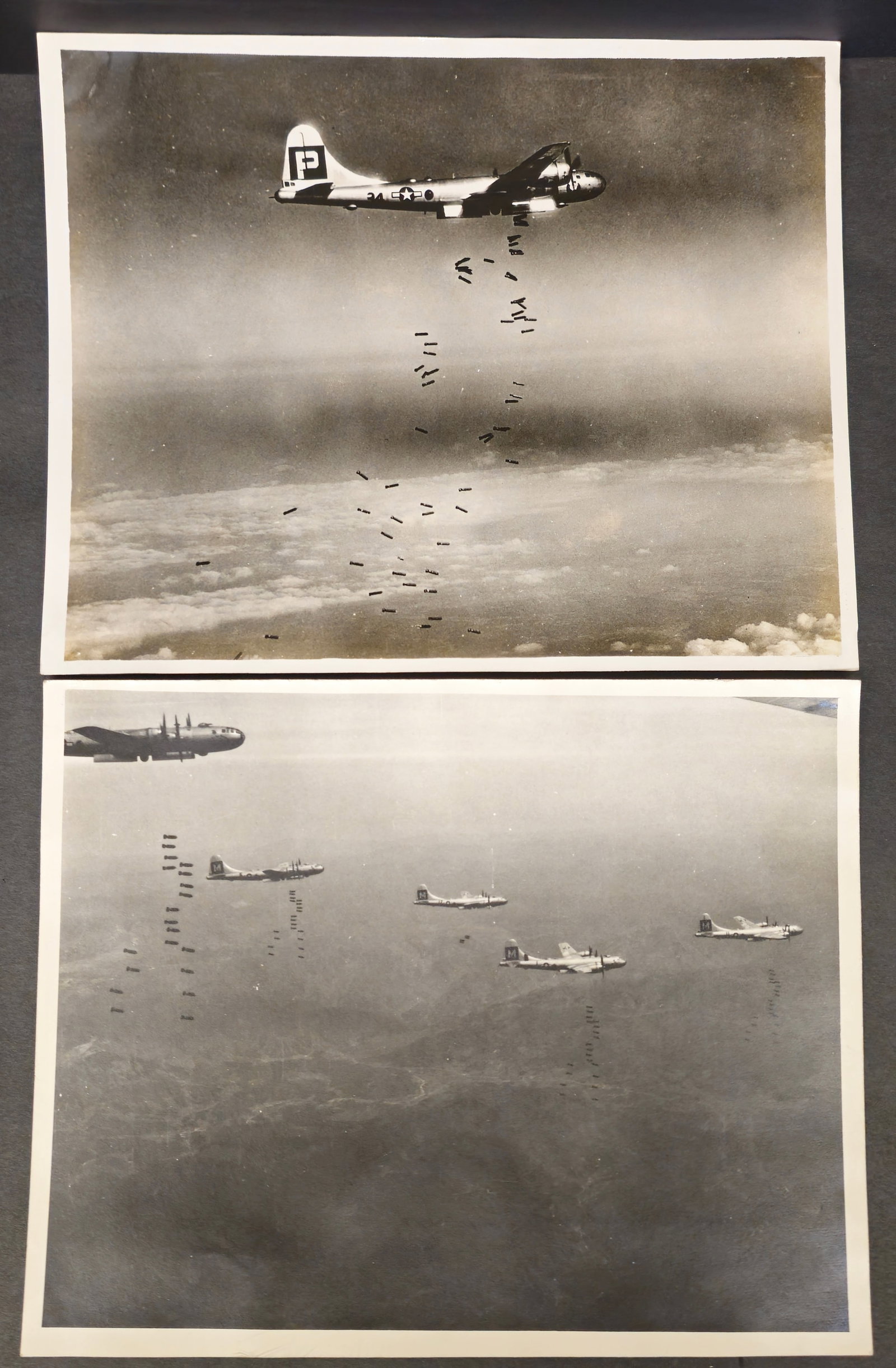 World War II Photographs: (2) Photographs total from World War II of American planes dropping bombs.