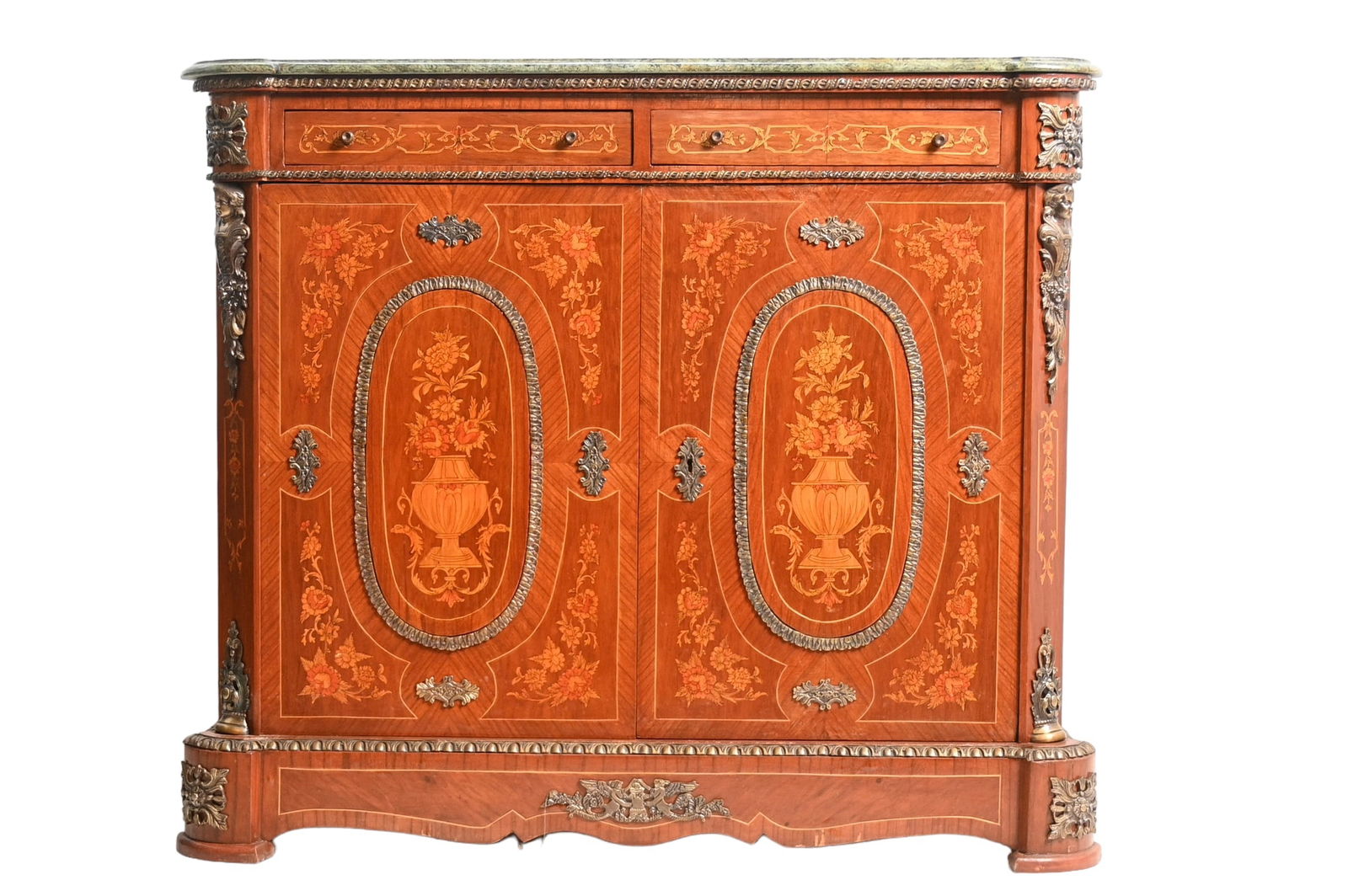 French Louis XV Style Marble Top Mahogany Cabinet (1 of 13)