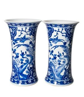 Chinese Canton Slender Tapering Vases: Chinese Canton Slender Tapering Vases. Pair, great form with flared rims and bases. Cylinder centers decorated with floral motif, flowering branches and birds. 8 1/2dia x 15 1/4h.