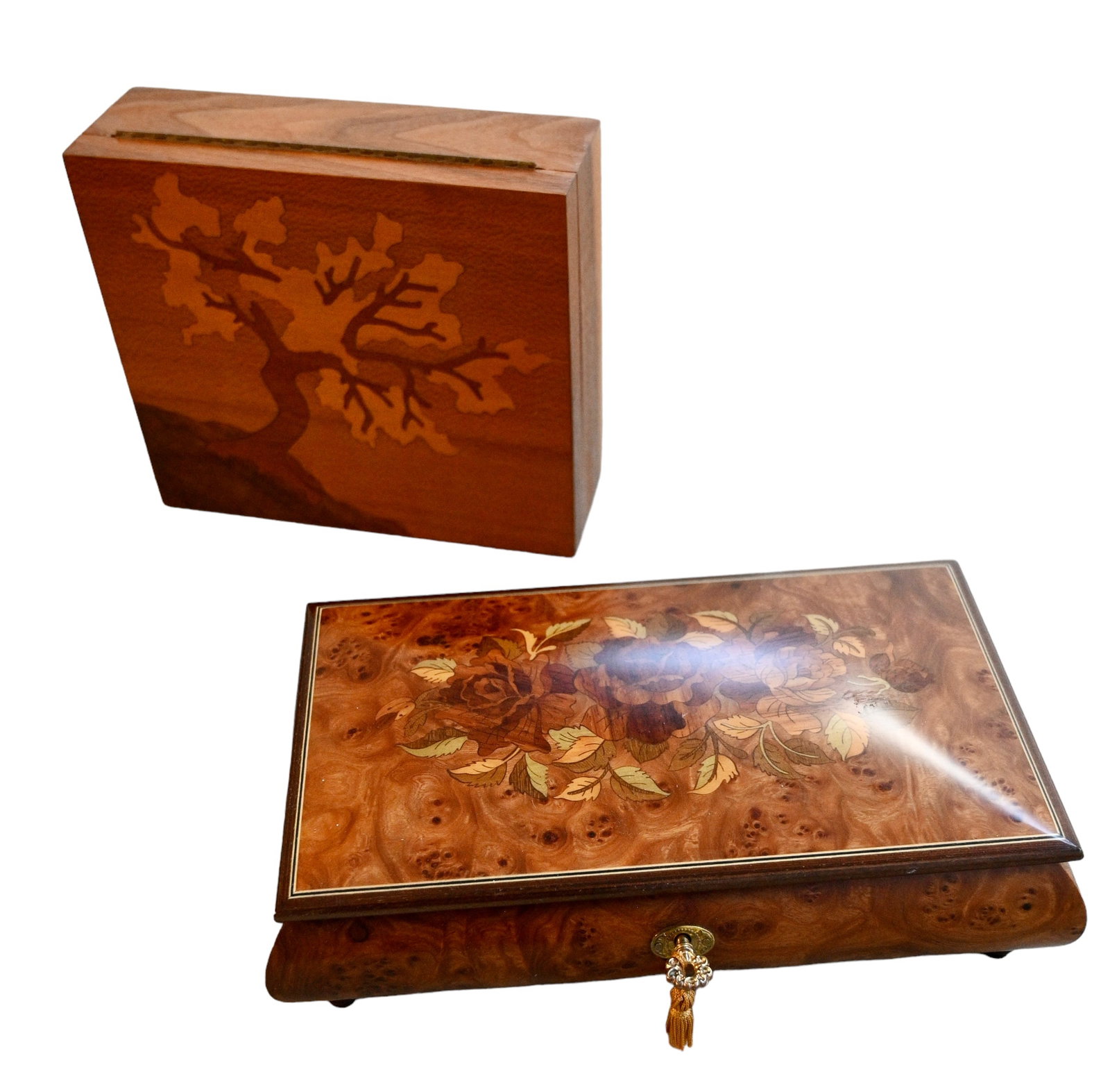 Swiss Music Box & Albert Rosenblat Box: Swiss Music Box & Albert Rosenblat Box. Hinged lid burl box with mixed inlays resting on turned feet. Key wind mechanism. Albert Rosenblat hinged lid box consisting of lacewood, cherry arodiva and ori