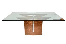 Outstanding Post Modern Copper and Chrome Dinning Table: Outstanding Post Modern Copper and Chrome Dinning Table. 1980s. Glass, copper and chrome plated steel. Overall size - 83 3/4w x 50d x 30. Base - 53 1/4w x 29d x 29.