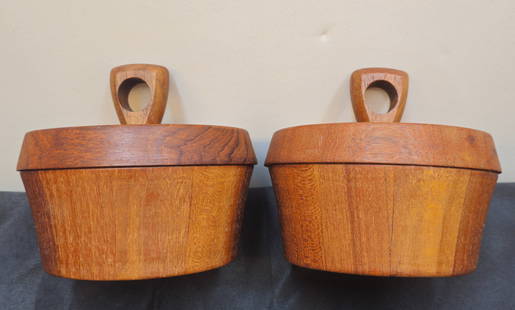 MCM Anri Form Teak Lidded Bowls: Pair of vintage Anri Form Burmese teak lidded bowls, Italy. Marked to bottom with manufacturer's mark. 6 1/2"dia x 5 1/2"h