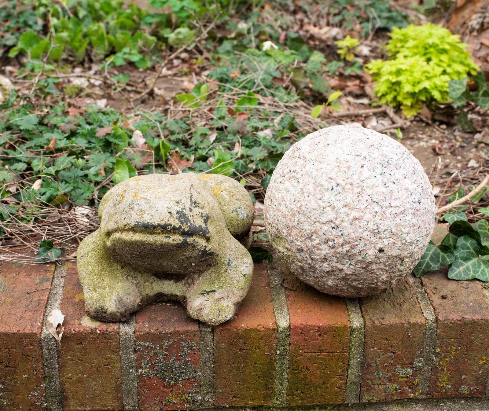 Cast Stone Frog & Granite Sphere: Cast Stone Frog & Granite Sphere. Sphere- 6 dia. Frog - 6 1/2w x 9d x 5h. Provenance; The Beth & J. Karp Collection, Indian Hill, Ohio.