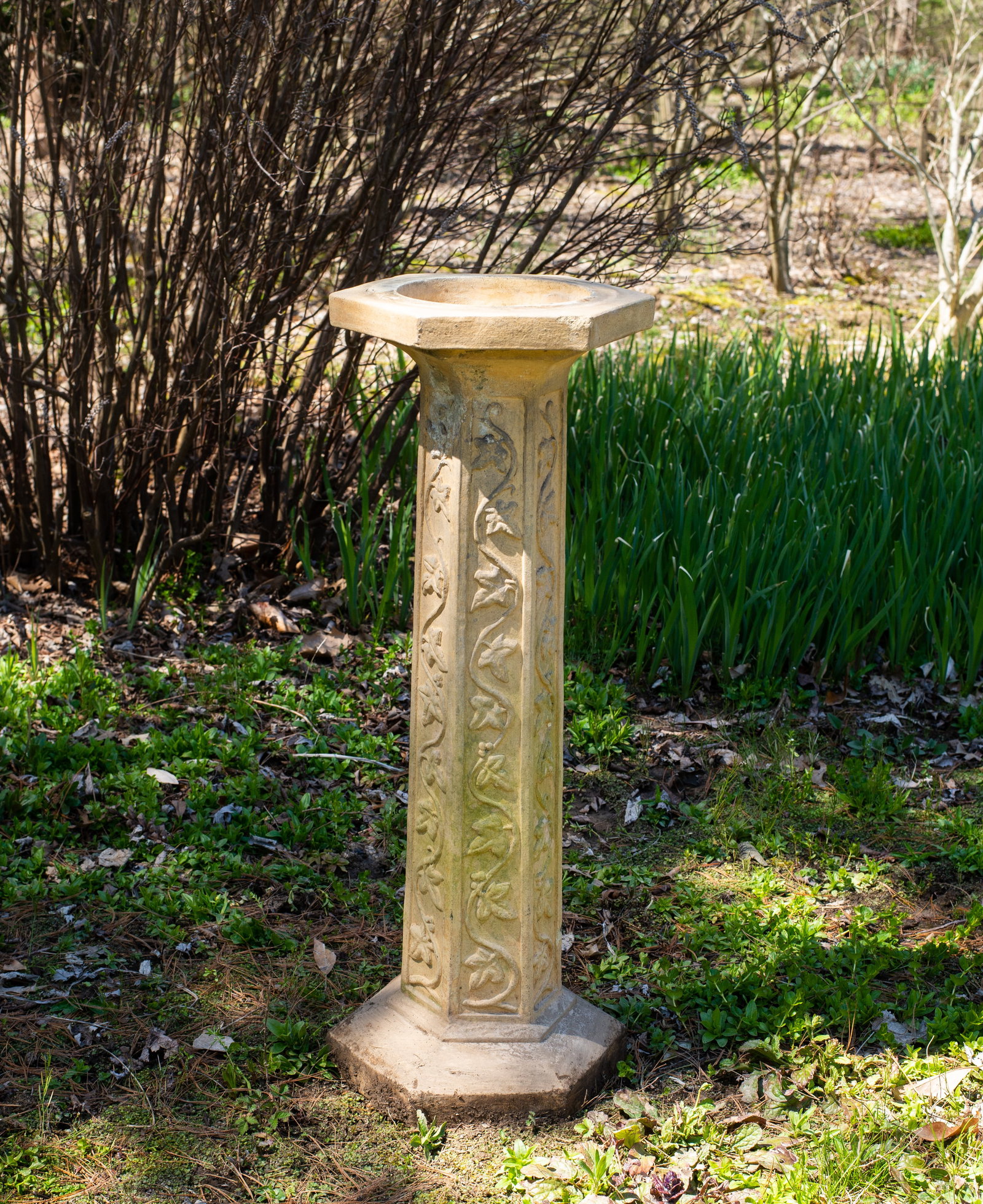 Hexagonal Stone Pedestal With Embossed Leaf Vines: Hexagonal Stone Pedestal With Embossed Leaf Vines. 20th century. 11 1/8dia x 12 3/4h. Provenance; The Beth & J. Karp Collection, Indian Hill, Ohio.